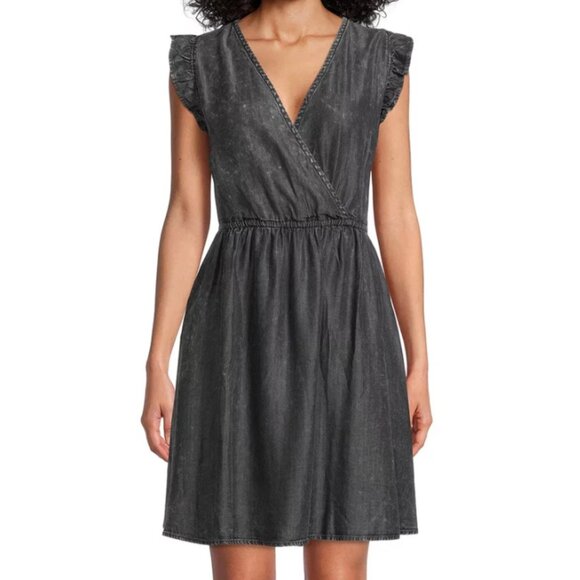 NWT Time and Tru Women's Black Denim Surplus Flutter Sleeve Mini Dress, size L - Picture 1 of 5